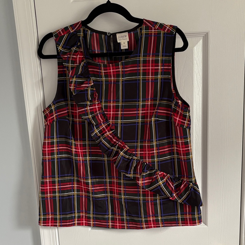 J. Crew Holiday Christmas Plaid Ruffle Sleeveless Blouse - Red, Blue, Yellow 10